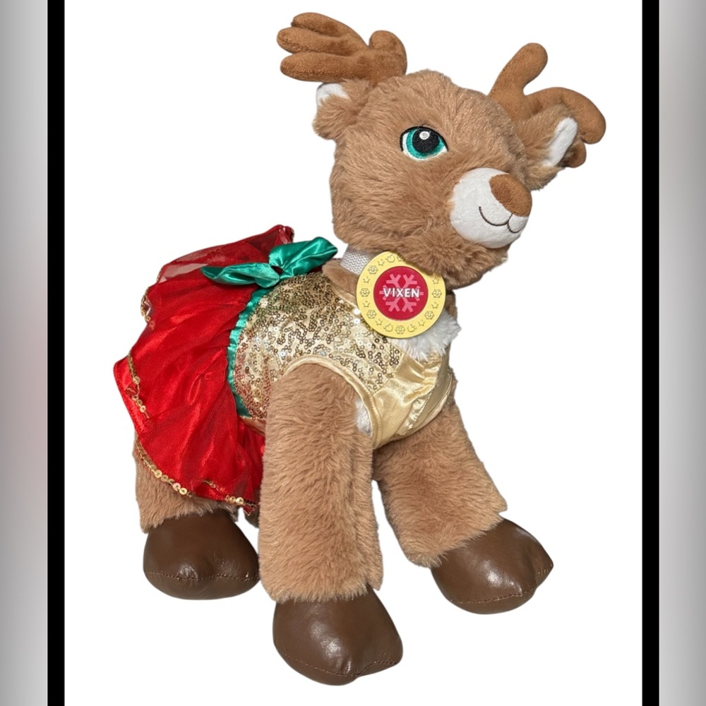 Like new! BUILD A BEAR REINDEER PLUSH TEAM SANTA BROWN CHRISTMAS GOLD RED OUTFIT